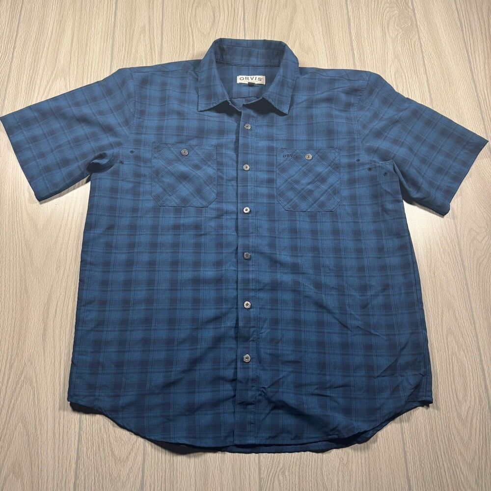 Orvis Short Sleeve Camp Shirt Men’s L Blue Plaid Performance Outdoors Gorpcore